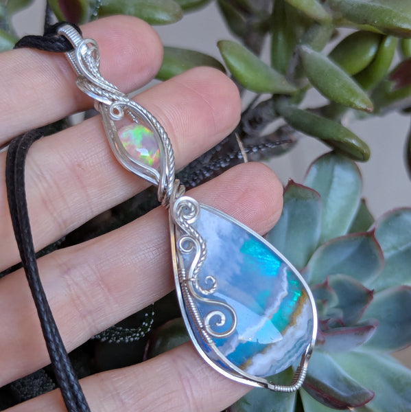 Plume Agate Doublet & Welo Opal Wire Wrapped Pendant in Sterling Silver