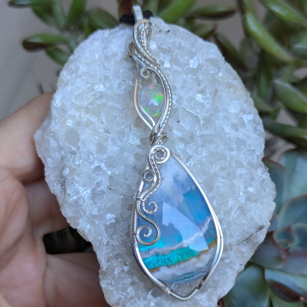 Plume Agate Doublet & Welo Opal Wire Wrapped Pendant in Sterling Silver