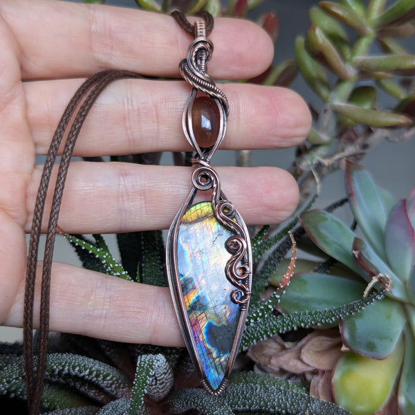 Labradorite & Smoky Quartz Wire Wrapped Oxidized Copper Pendant