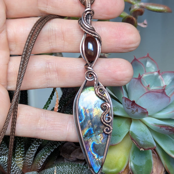 Labradorite & Smoky Quartz Wire Wrapped Oxidized Copper Pendant