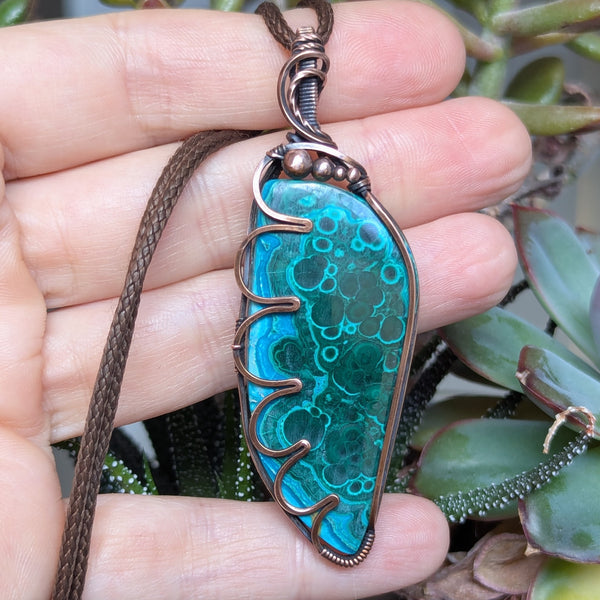 Malachite Wire Wrapped Pendant in Oxidized Copper