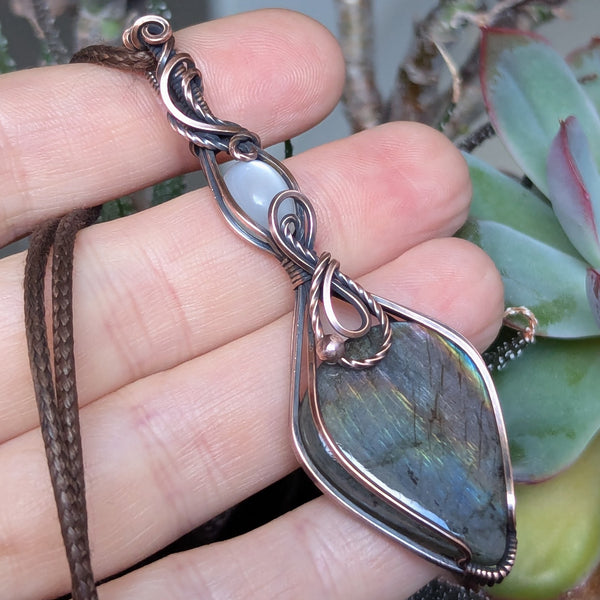 Labradorite & Silky Moonstone Wire Wrapped Oxidized Copper Pendant