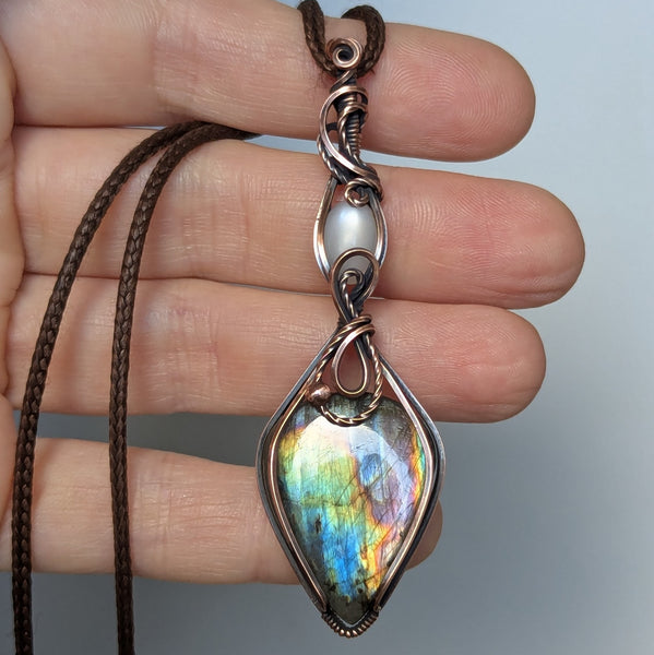 Labradorite & Silky Moonstone Wire Wrapped Oxidized Copper Pendant