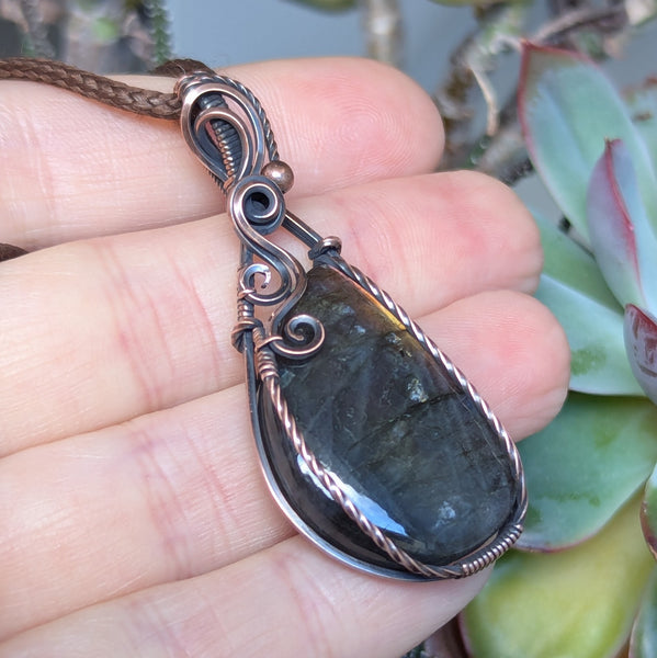 Labradorite Wire Wrapped Oxidized Copper Pendant