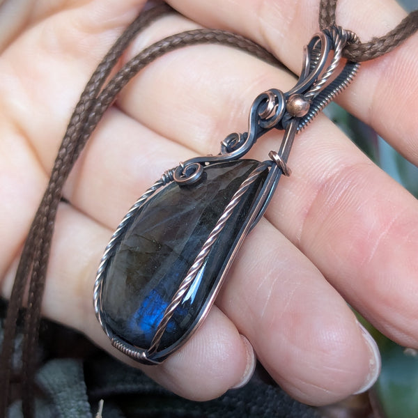 Labradorite Wire Wrapped Oxidized Copper Pendant