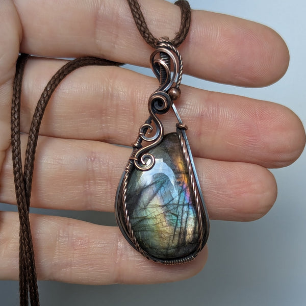 Labradorite Wire Wrapped Oxidized Copper Pendant