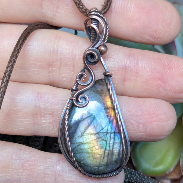 Labradorite Wire Wrapped Oxidized Copper Pendant
