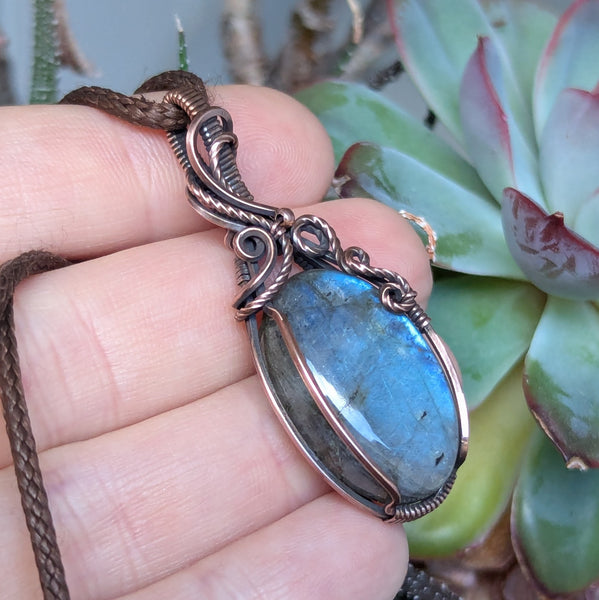 Labradorite Wire Wrapped Oxidized Copper Pendant
