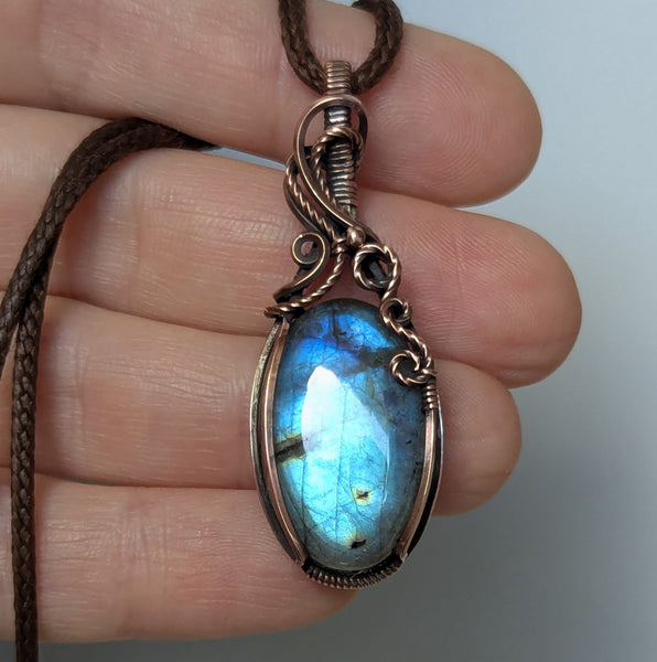 Labradorite Wire Wrapped Oxidized Copper Pendant