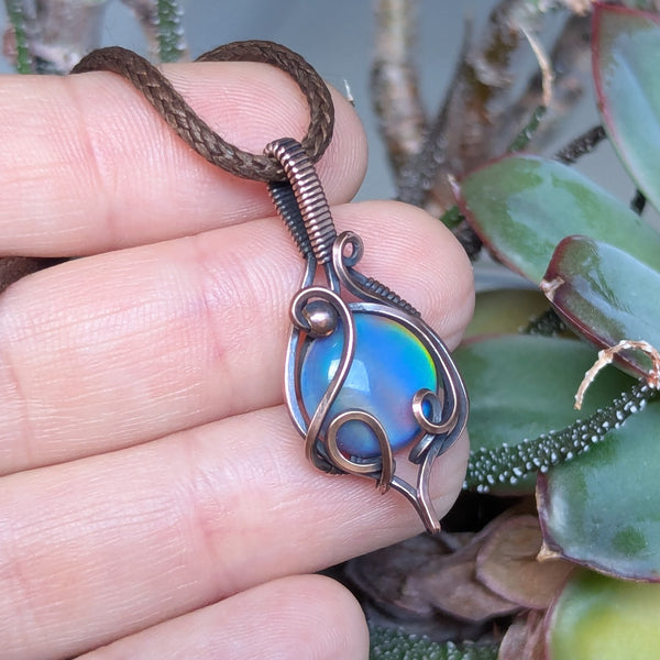 Aurora Opal Wire Wrapped Oxidized Copper Pendant