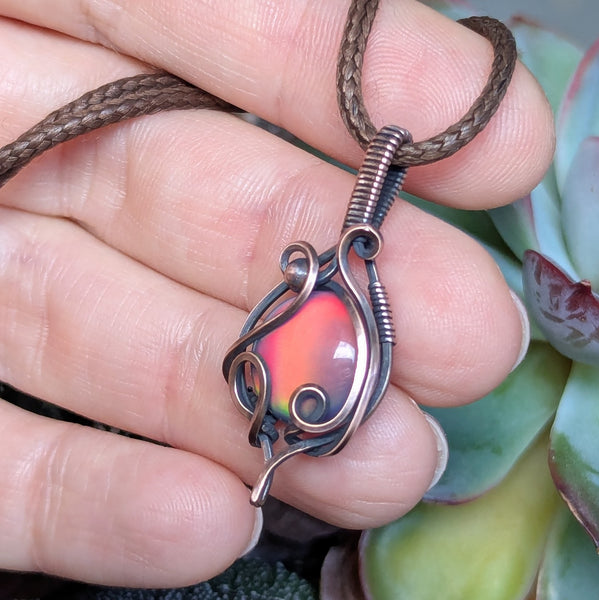 Aurora Opal Wire Wrapped Oxidized Copper Pendant