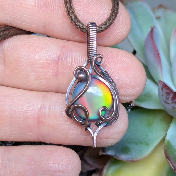 Aurora Opal Wire Wrapped Oxidized Copper Pendant
