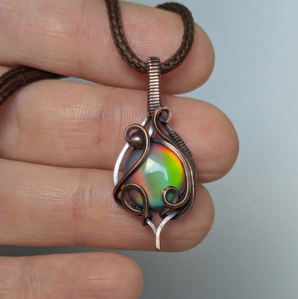Aurora Opal Wire Wrapped Oxidized Copper Pendant