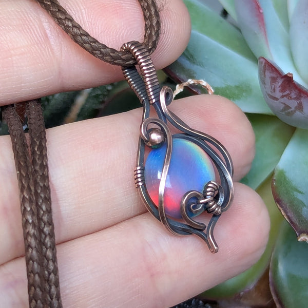 Aurora Opal Wire Wrapped Oxidized Copper Pendant