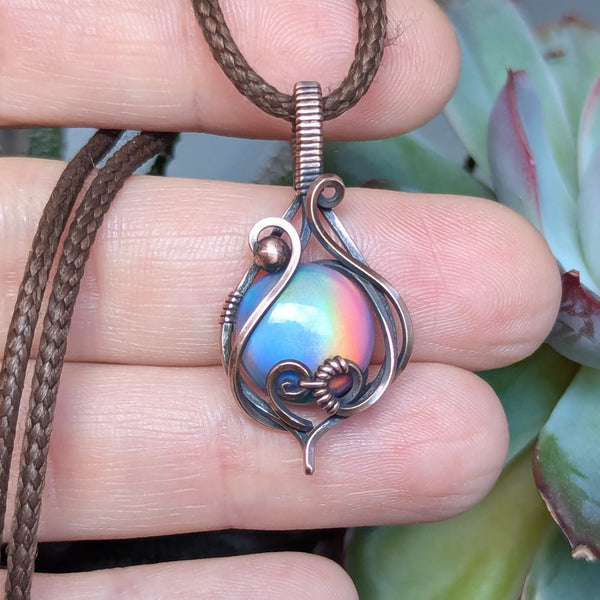 Aurora Opal Wire Wrapped Oxidized Copper Pendant