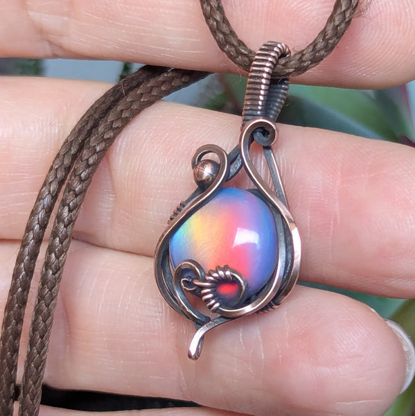 Aurora Opal Wire Wrapped Oxidized Copper Pendant
