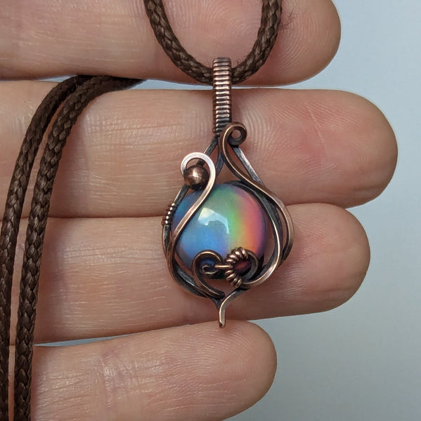 Aurora Opal Wire Wrapped Oxidized Copper Pendant