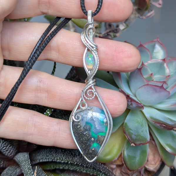 Marcasite Doublet & Welo Opal Wire Wrapped Pendant in Sterling Silver