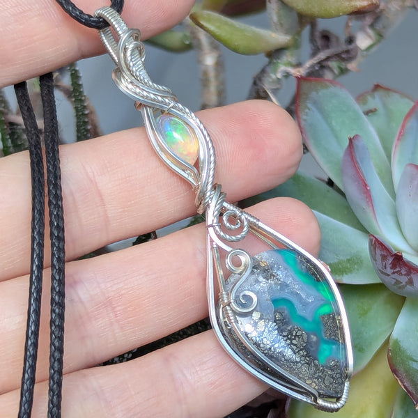 Marcasite Doublet & Welo Opal Wire Wrapped Pendant in Sterling Silver