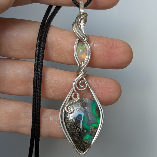 Marcasite Doublet & Welo Opal Wire Wrapped Pendant in Sterling Silver