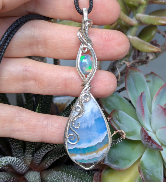 Plume Agate Doublet & Welo Opal Wire Wrapped Pendant in Sterling Silver