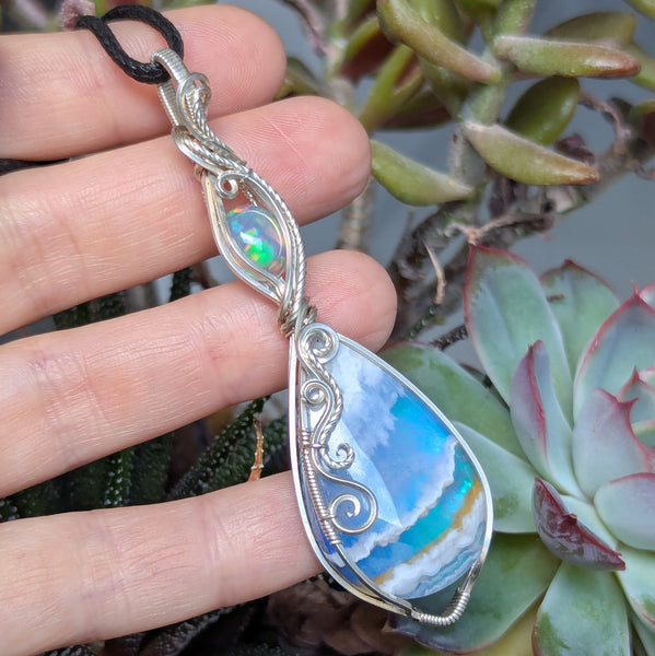 Plume Agate Doublet & Welo Opal Wire Wrapped Pendant in Sterling Silver