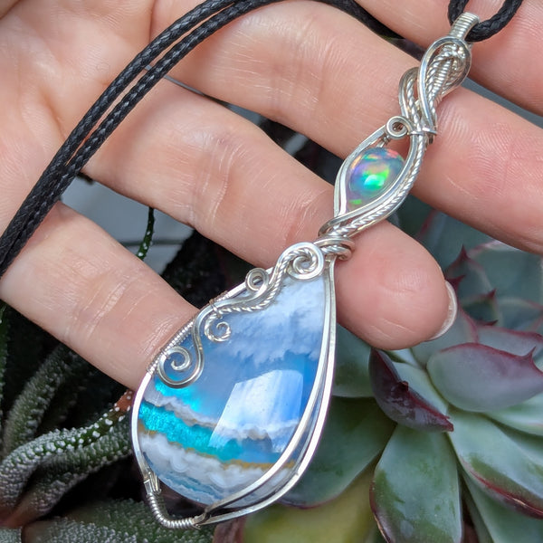 Plume Agate Doublet & Welo Opal Wire Wrapped Pendant in Sterling Silver
