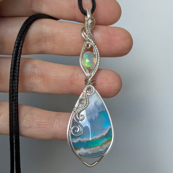 Plume Agate Doublet & Welo Opal Wire Wrapped Pendant in Sterling Silver