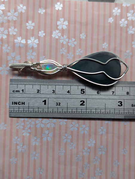 Plume Agate Doublet & Welo Opal Wire Wrapped Pendant in Sterling Silver