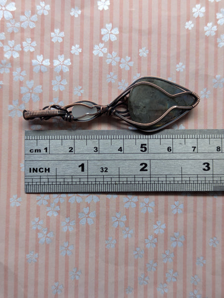 Labradorite & Silky Moonstone Wire Wrapped Oxidized Copper Pendant