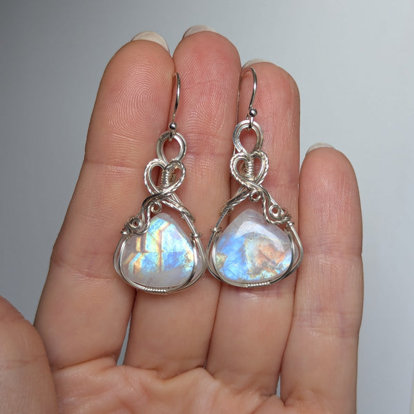 Rainbow Moonstone Wire Wrapped Earrings in Sterling Silver
