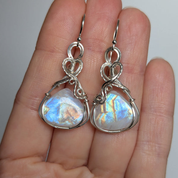 Rainbow Moonstone Wire Wrapped Earrings in Sterling Silver