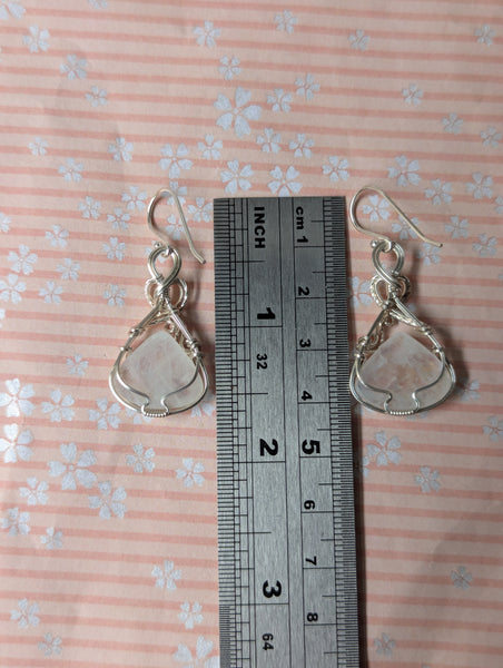 Rainbow Moonstone Wire Wrapped Earrings in Sterling Silver