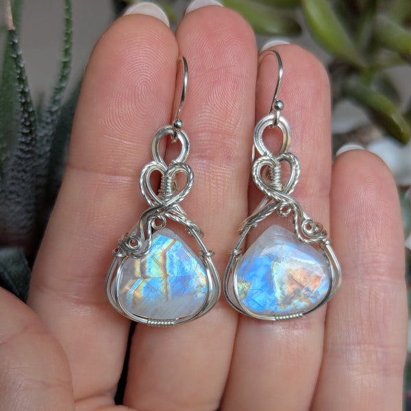 Rainbow Moonstone Wire Wrapped Earrings in Sterling Silver