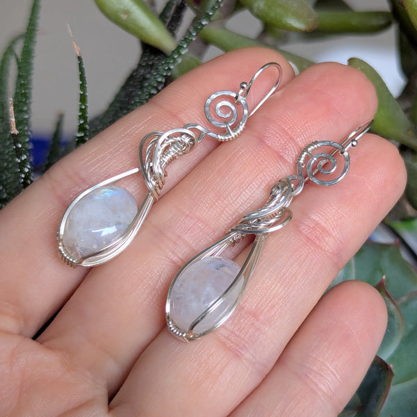 Rainbow Moonstone Wire Wrapped Earrings in Sterling Silver