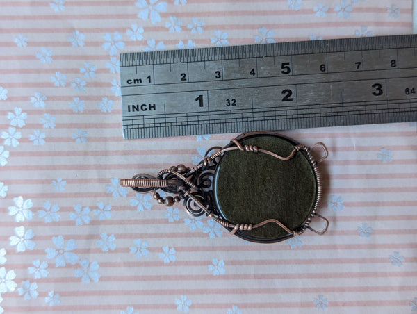 Golden Sheen Obsidian Wire Wrapped Cauldron Pendant in Oxidized Copper