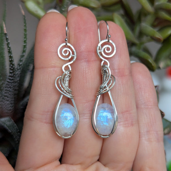 Rainbow Moonstone Wire Wrapped Earrings in Sterling Silver