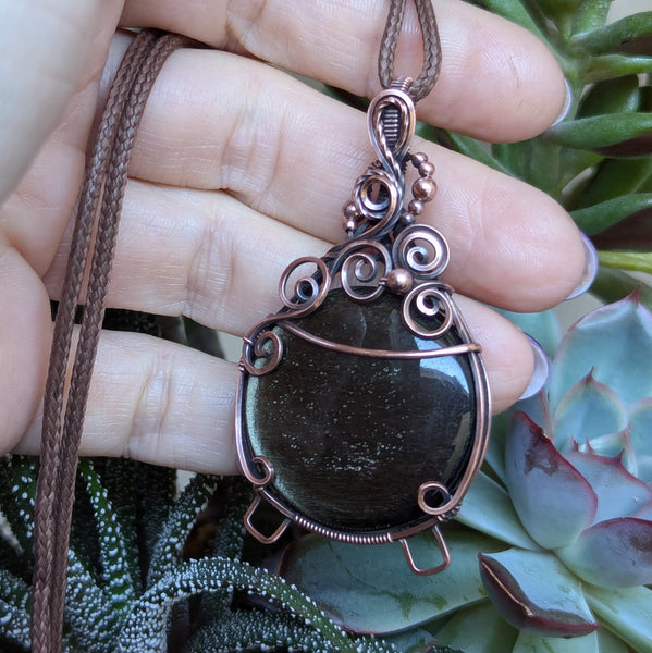 Golden Sheen Obsidian Wire Wrapped Cauldron Pendant in Oxidized Copper