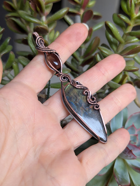 Labradorite & Smoky Quartz Wire Wrapped Oxidized Copper Pendant