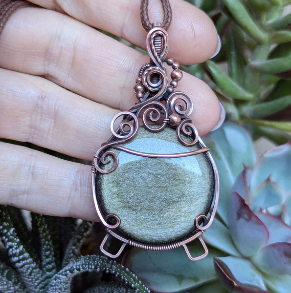 Golden Sheen Obsidian Wire Wrapped Cauldron Pendant in Oxidized Copper