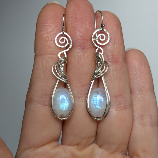 Rainbow Moonstone Wire Wrapped Earrings in Sterling Silver