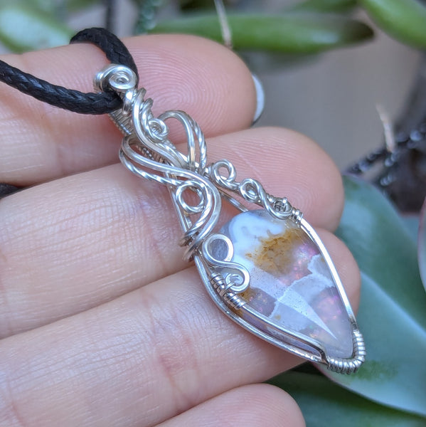 Plume Agate Doublet Wire Wrapped Pendant in Sterling Silver