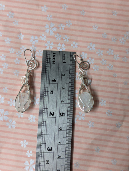 Rainbow Moonstone Wire Wrapped Earrings in Sterling Silver