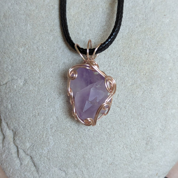 Raw Amethyst Crystal Wire Wrapped Pendant in Pink Enameled Copper