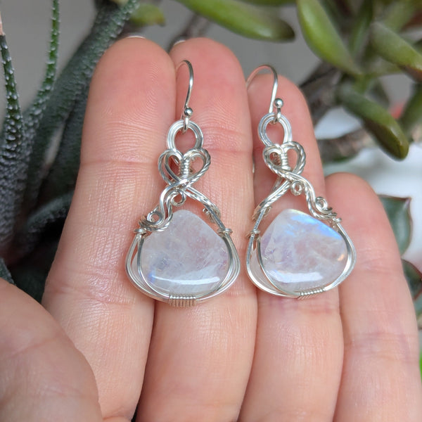 Rainbow Moonstone Wire Wrapped Earrings in Sterling Silver