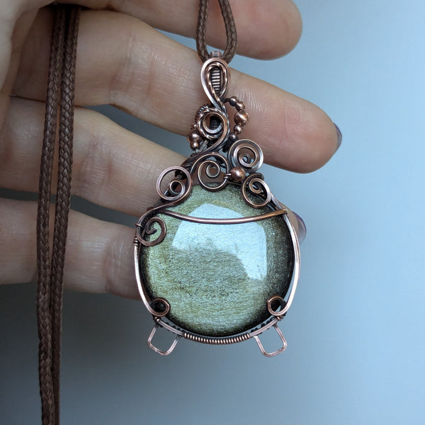 Golden Sheen Obsidian Wire Wrapped Cauldron Pendant in Oxidized Copper