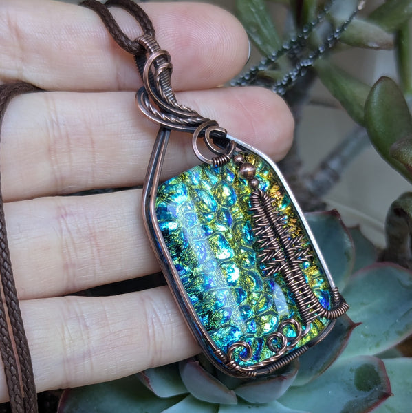 Dichroic Glass Pine Tree Wire Wrapped Pendant in Oxidized Copper