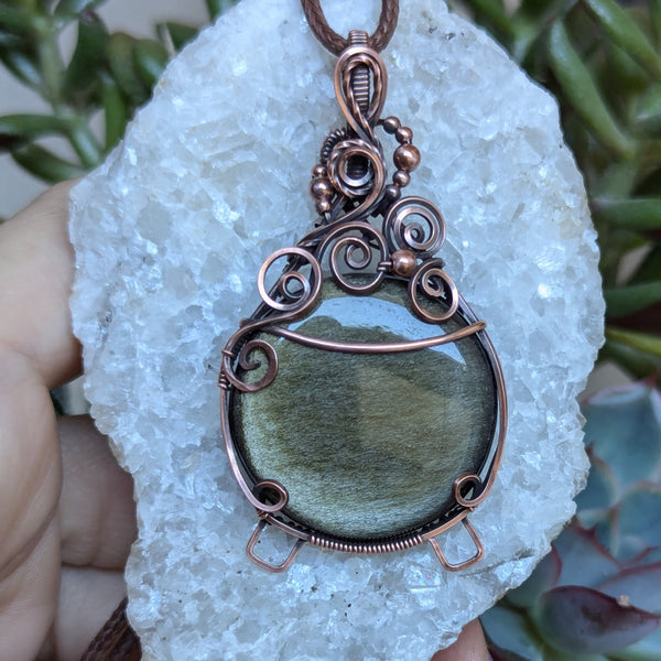 Golden Sheen Obsidian Wire Wrapped Cauldron Pendant in Oxidized Copper