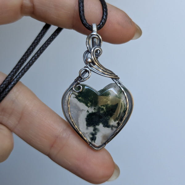 Moss Agate Heart Wire Wrapped Sterling Silver Pendant