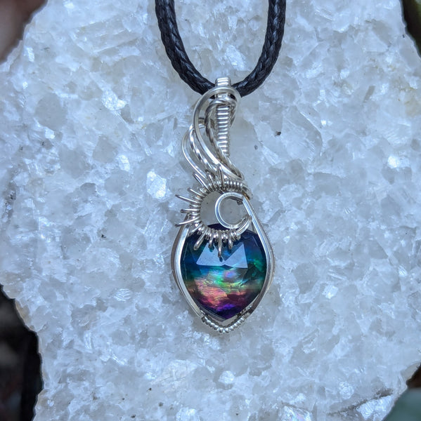 Dyed Abalone Doublet Wire Wrapped Sterling Silver Pendant